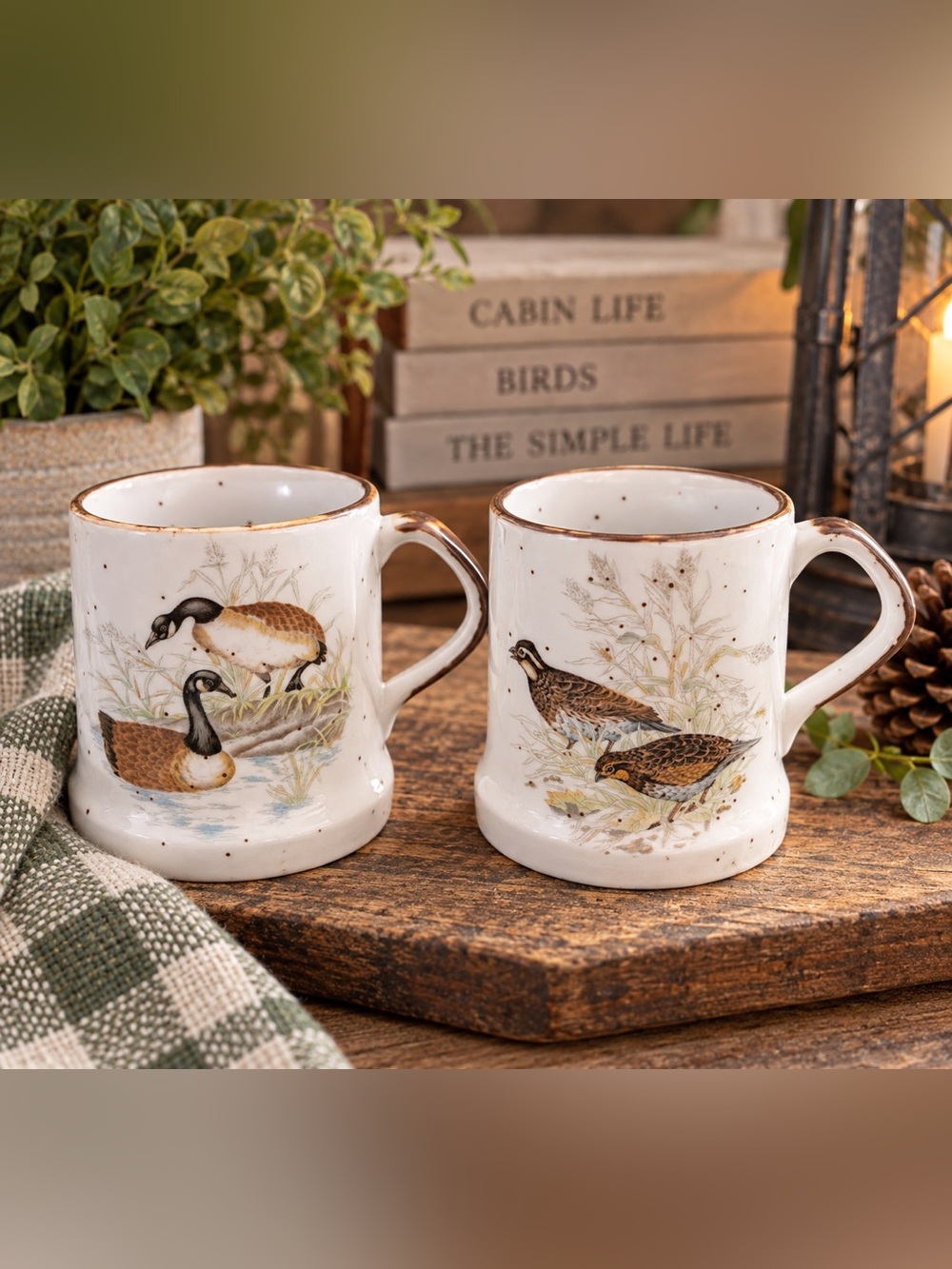 Vintage Bird Mug Set of 2 Canada Goose Quail Speckled Stoneware Cups